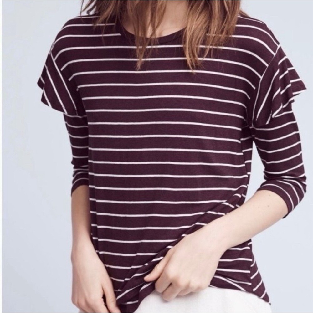 Dolan Anthropologie Plum Stripe Long Sleeve Ruffle Blouse Basic Shirt USA Made M
